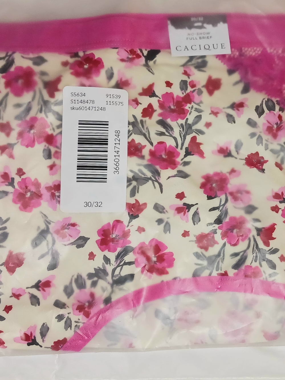 Cacique Cream Floral Full Brief with Pink Trim SIZE 30-32